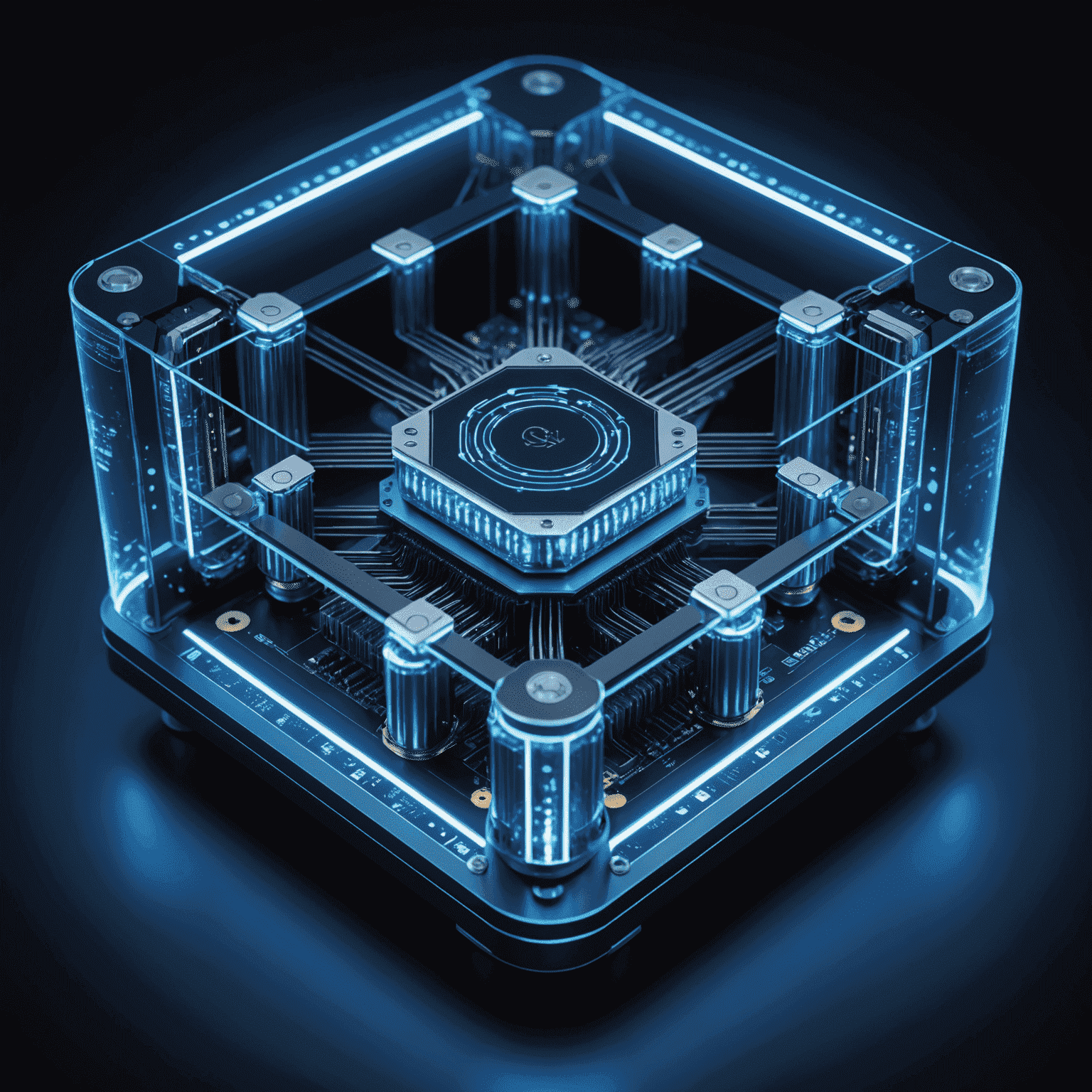 An image depicting a quantum computer, with a sleek, futuristic design and glowing blue lights, symbolizing the cutting-edge technology and revolutionary potential of quantum computing in the UK.