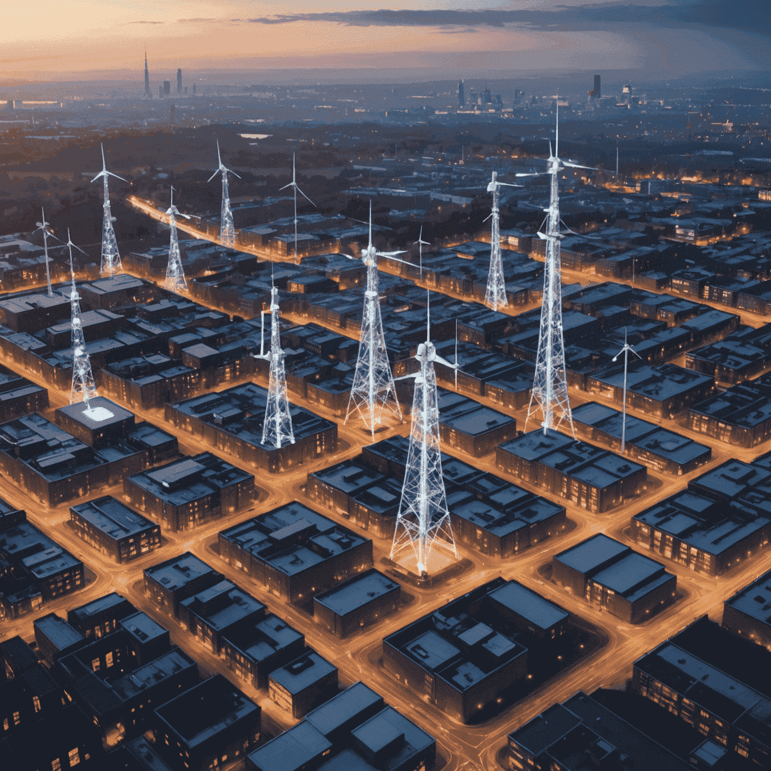 A visual representation of the 5G network infrastructure in the UK, with cell towers emitting signals and devices connected to the network