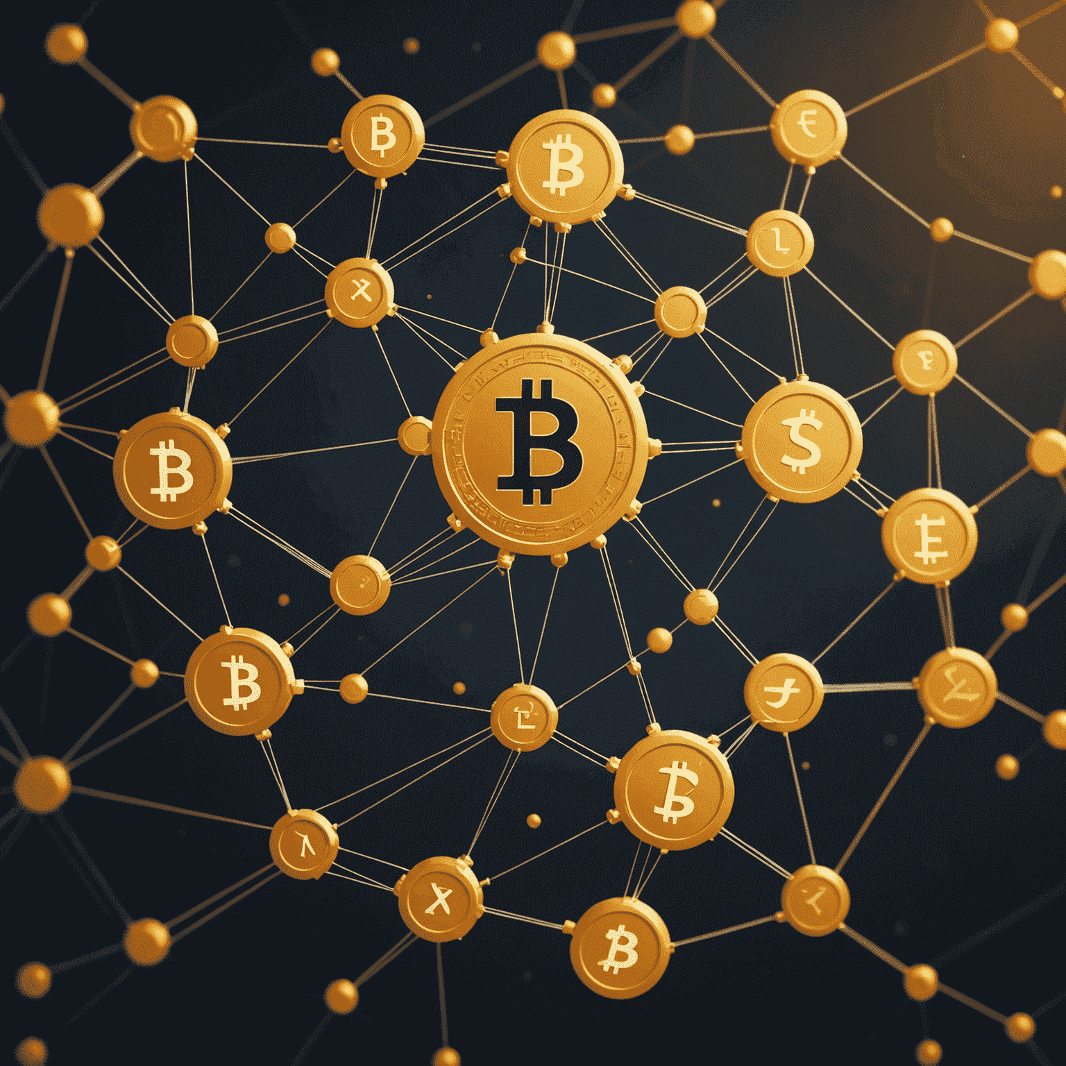 Abstract representation of blockchain technology with interconnected nodes and digital currency symbols