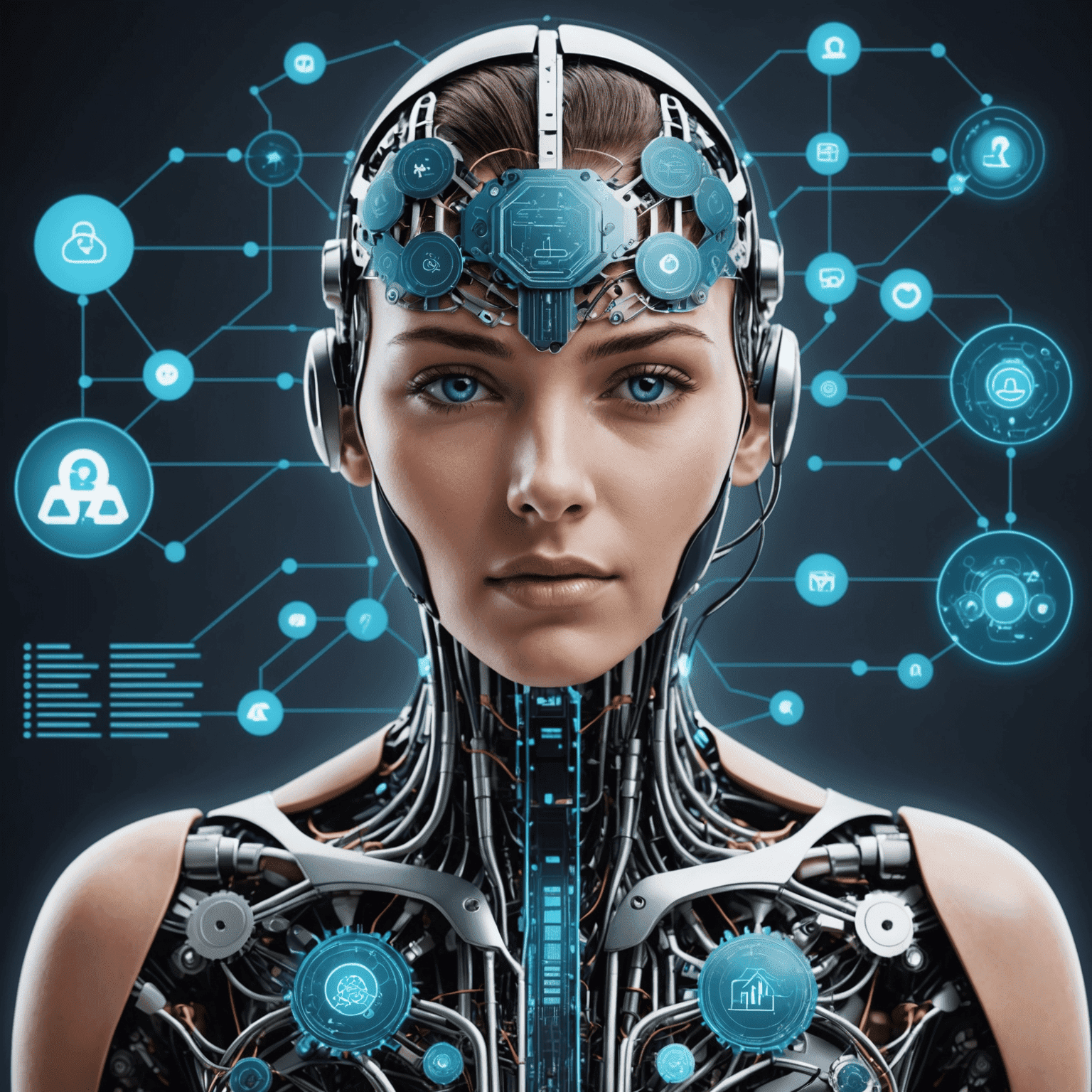 An image showcasing the integration of artificial intelligence in digital businesses, with a visual representation of data flow, machine learning algorithms, and automated processes, all working together to enhance business operations and customer experiences in the UK.