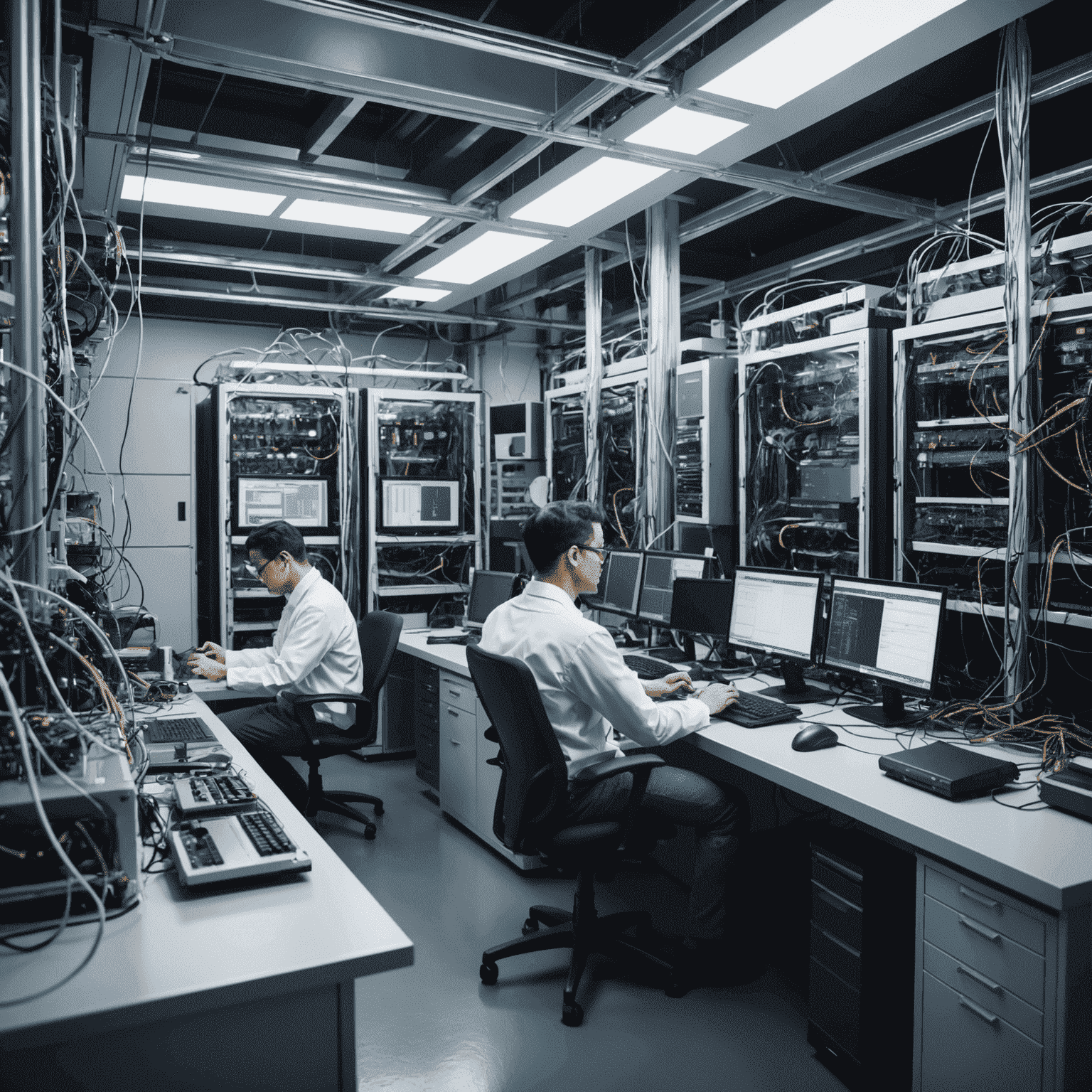 Scientists working in a quantum computing lab, with silver-colored components and intricate wiring