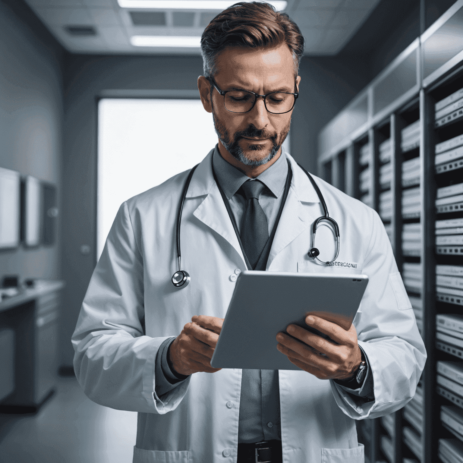 A doctor using a tablet to access patient records securely stored on a blockchain network