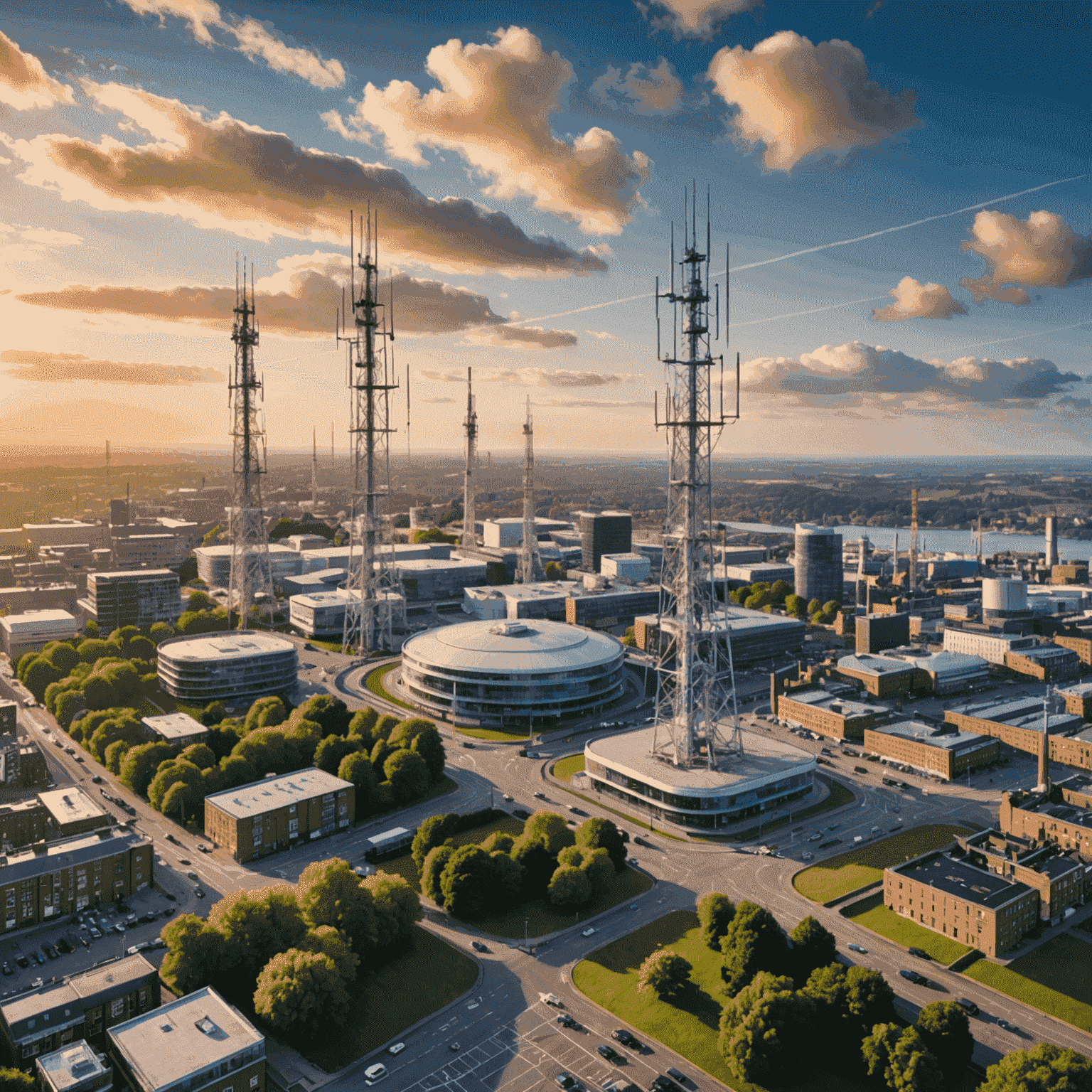 An image illustrating the 5G network infrastructure in the UK, with cell towers, connected devices, and high-speed data transmission, highlighting the benefits and challenges of implementing this advanced wireless technology.