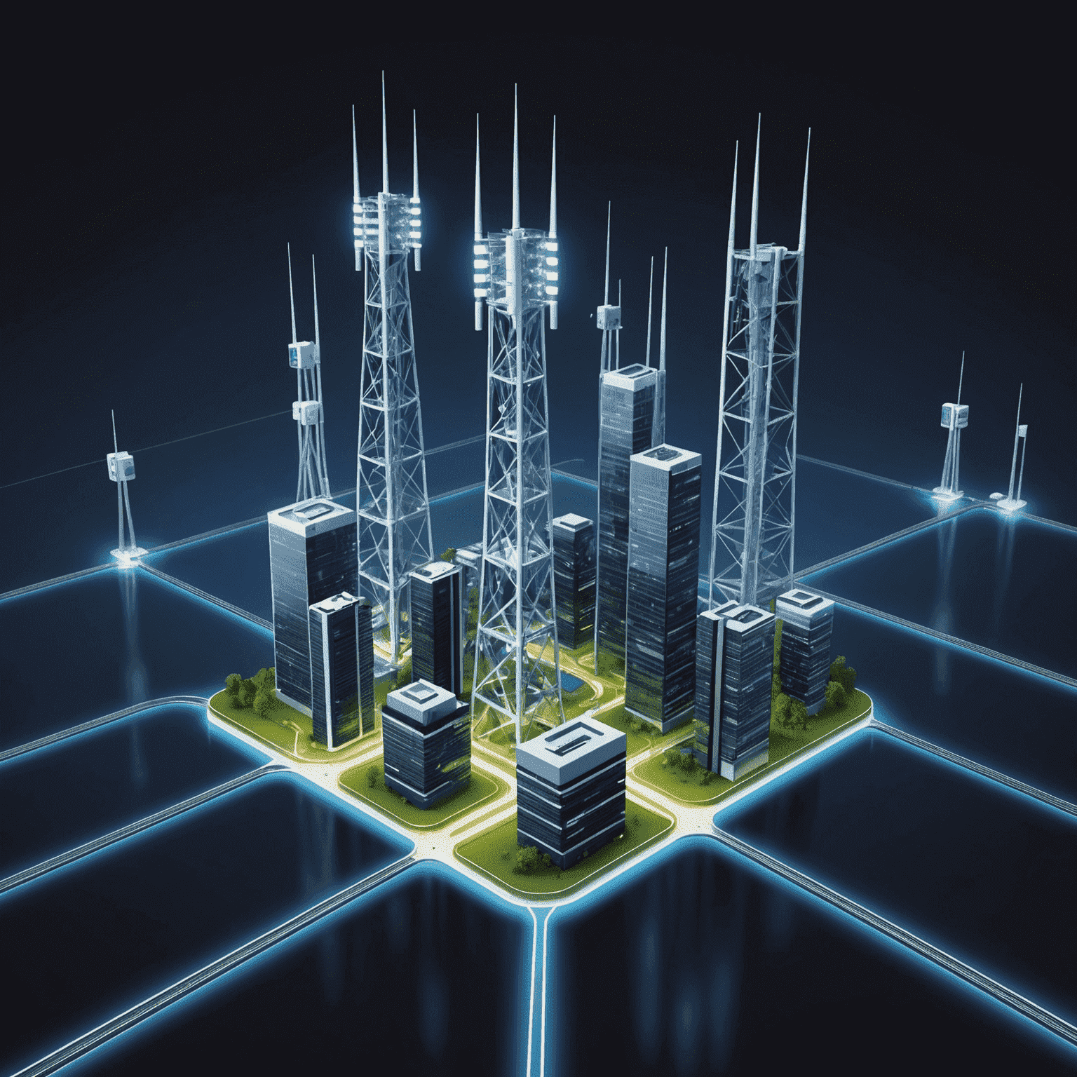 An illustration of 5G network towers and devices connected to the high-speed network