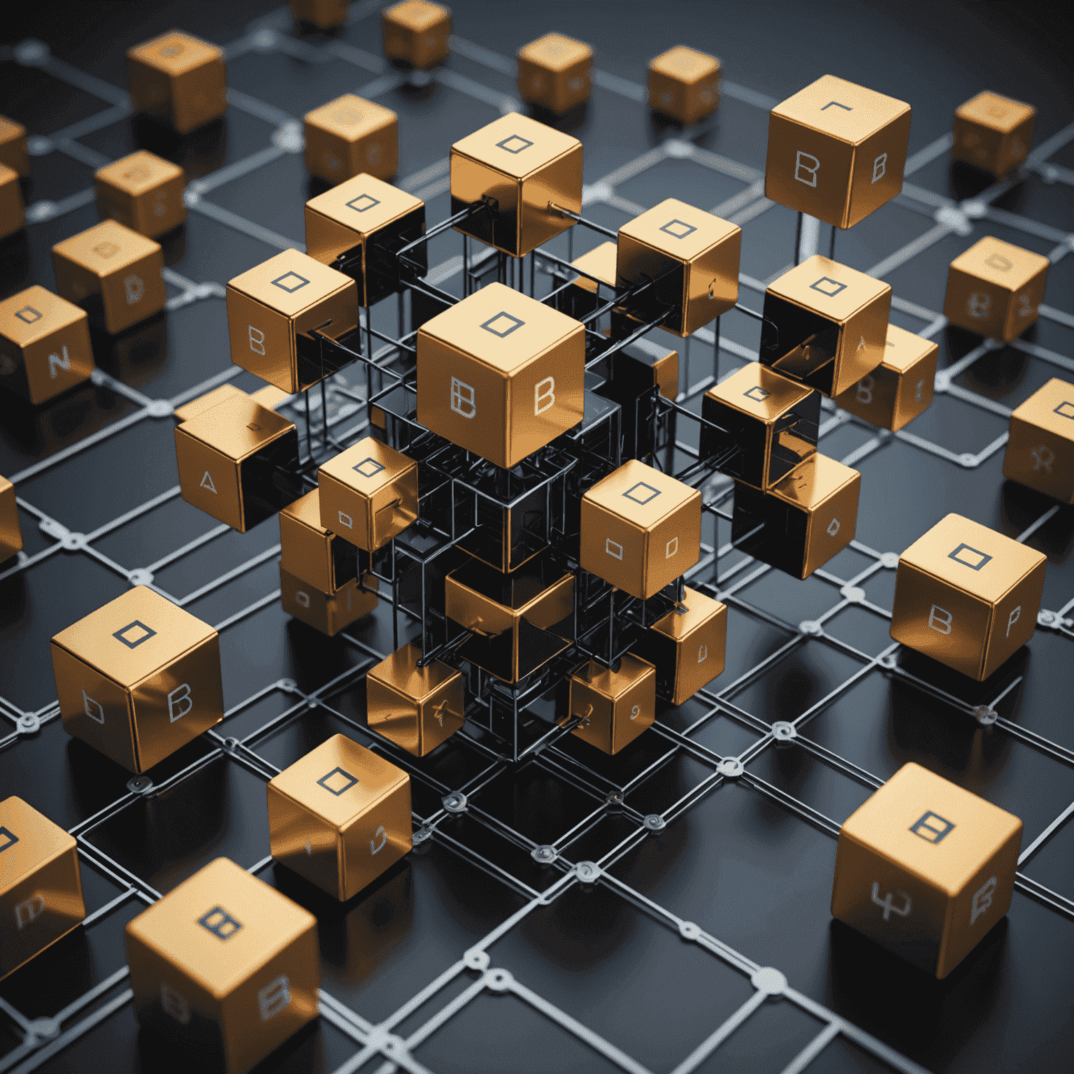 A conceptual image of blockchain technology, with interconnected blocks and digital assets